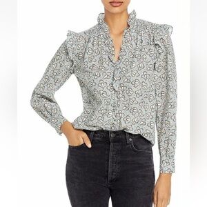 Rebecca Taylor Ruffled Printed Button Front Shirt In Blue Metallic Gold